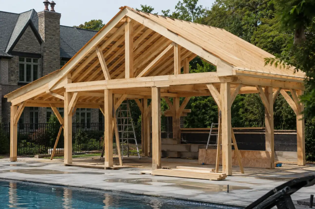 Completed Pool House Framing in Uxbridge, framed on site by Timberr Framing