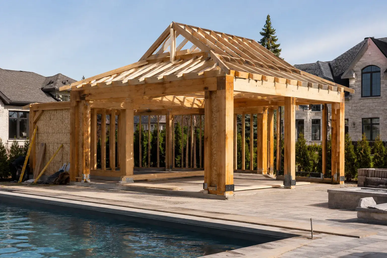 Pool House Framing in Uxbridge, Ontario, framed on site by Timberr Framing