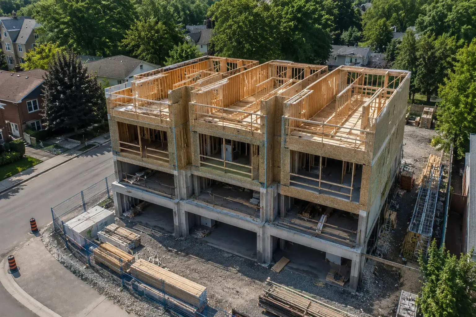 Stacked Townhouse Framing GTA, framed on site by Timberr Framing